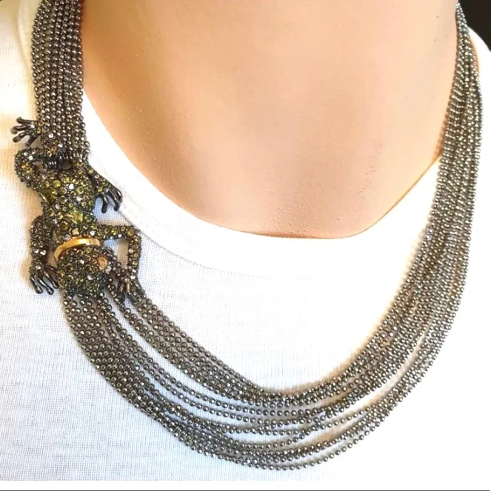 Alexis Bittar Asymmetrical Crystal Frog Draped Multi Strand Ball Chain Necklace - Picture 1 of 14